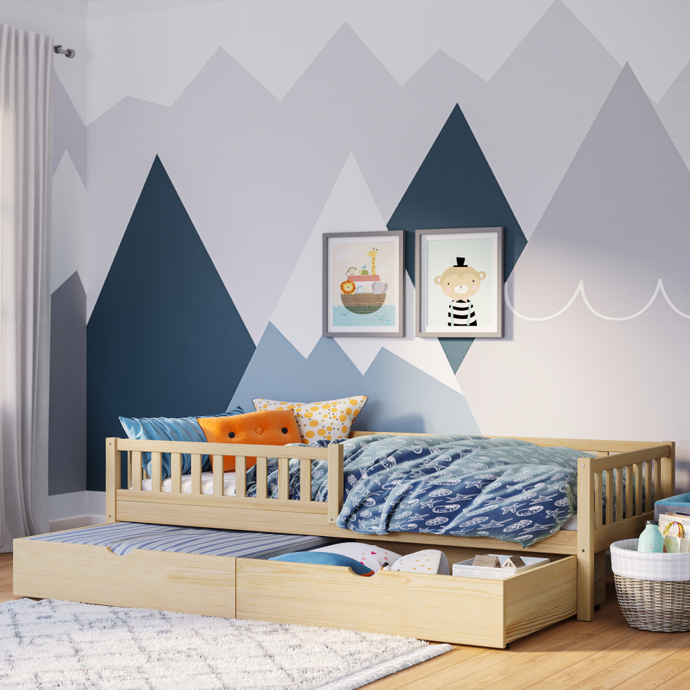 Bellabino 'Vils' Kinderbett inkl. großer Schublade und Rausfallschutz, natur lackiert, Kiefer massiv, 90x200 cm Bild 1