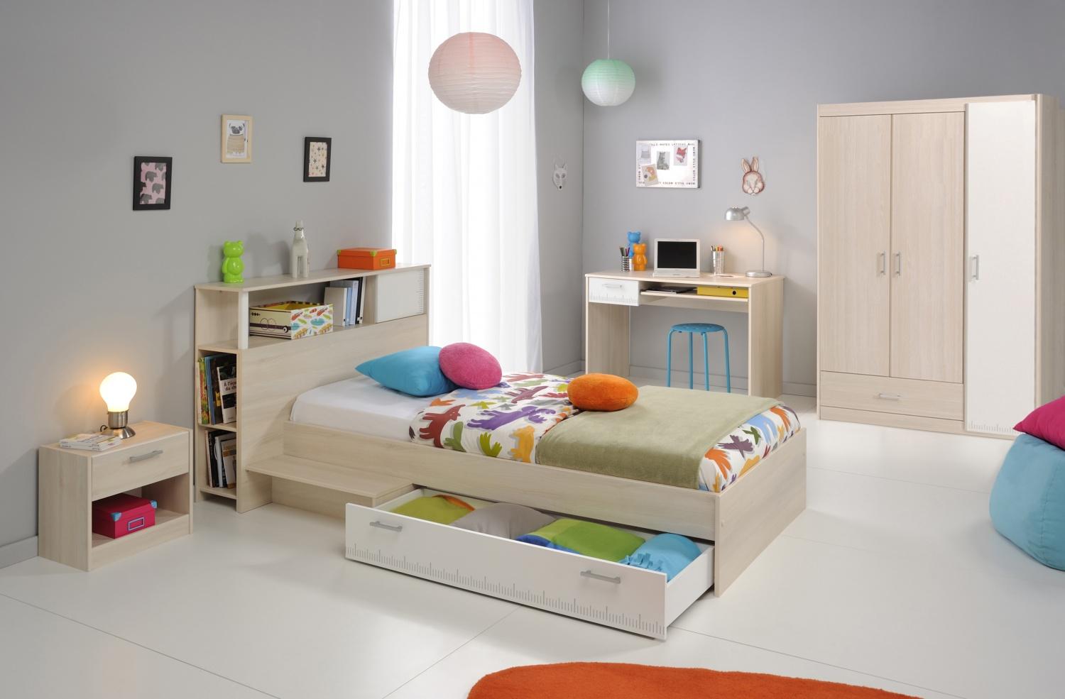 PARISOT 'Tesso' 5-tlg. Kinderzimmer-Set, akazie/weiß, aus Bett 90x200 cm inkl. Bettschublade, Nachttisch, 3-trg. Kleiderschrank, Schreibtisch und Anstellregal Bild 1