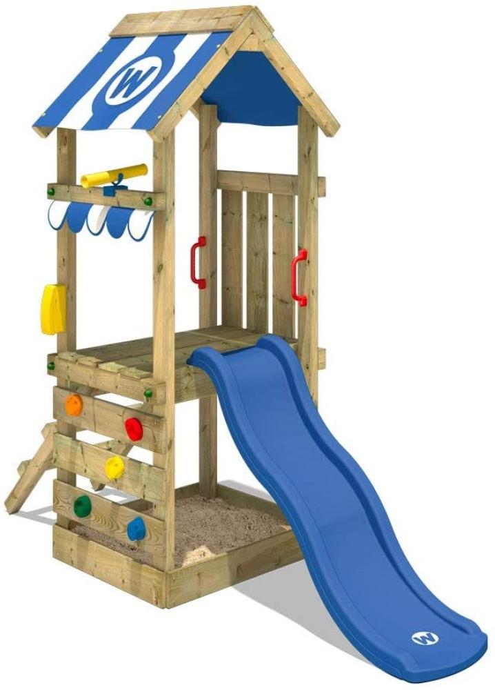 WICKEY Spielturm Klettergerüst FunkyFlyer mit blauer Rutsche, Kletterturm mit Sandkasten, Leiter & Spiel-Zubehör Bild 1