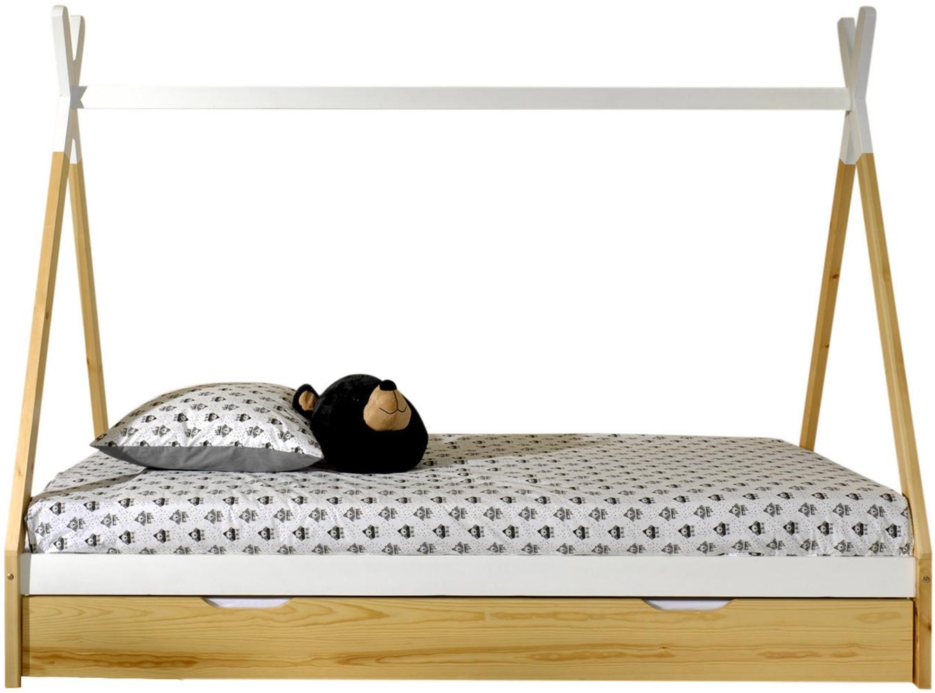 Tipi Zelt Bett Liegefläche, inkl. Rolllattenrost und Bettschublade, Kiefer massiv natur/weiß, 90 x 200 cm Bild 1