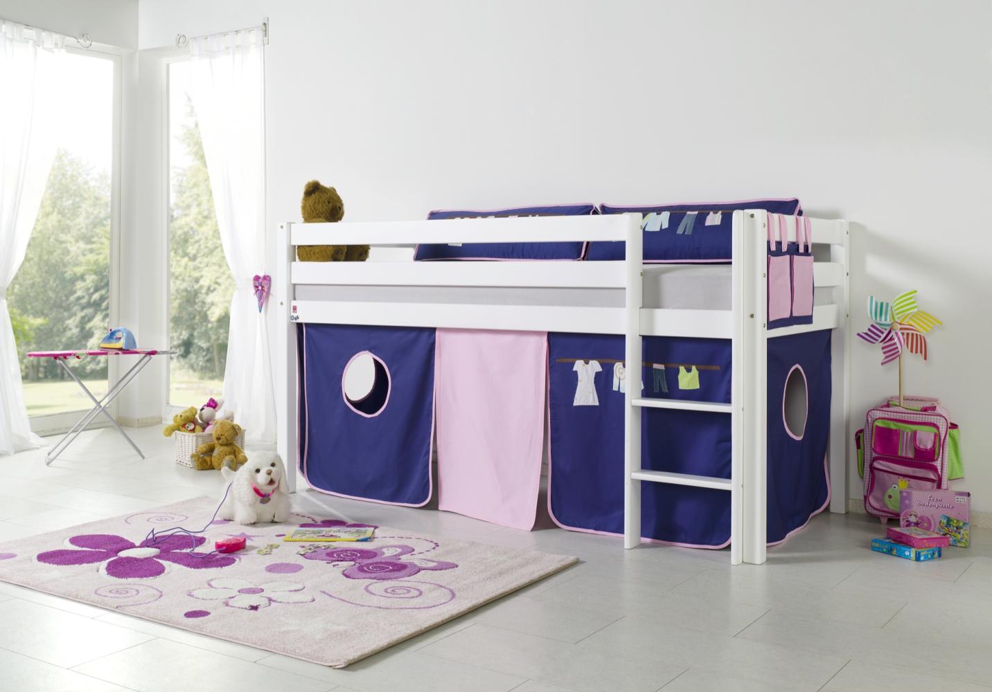 Relita Halbhohes Spielbett ALEX Buche massiv weiß lackiert mit Stoffset Kleider Bild 1