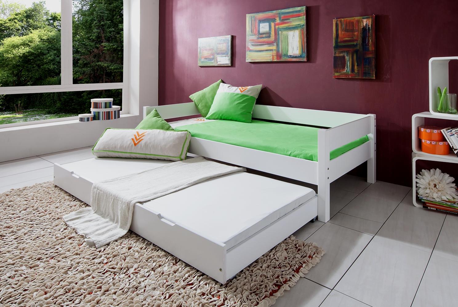 Einzelbett Nik mit Bettkasten in Buche massiv, weiß lackiert, Liegefläche 90x200 cm Bild 1