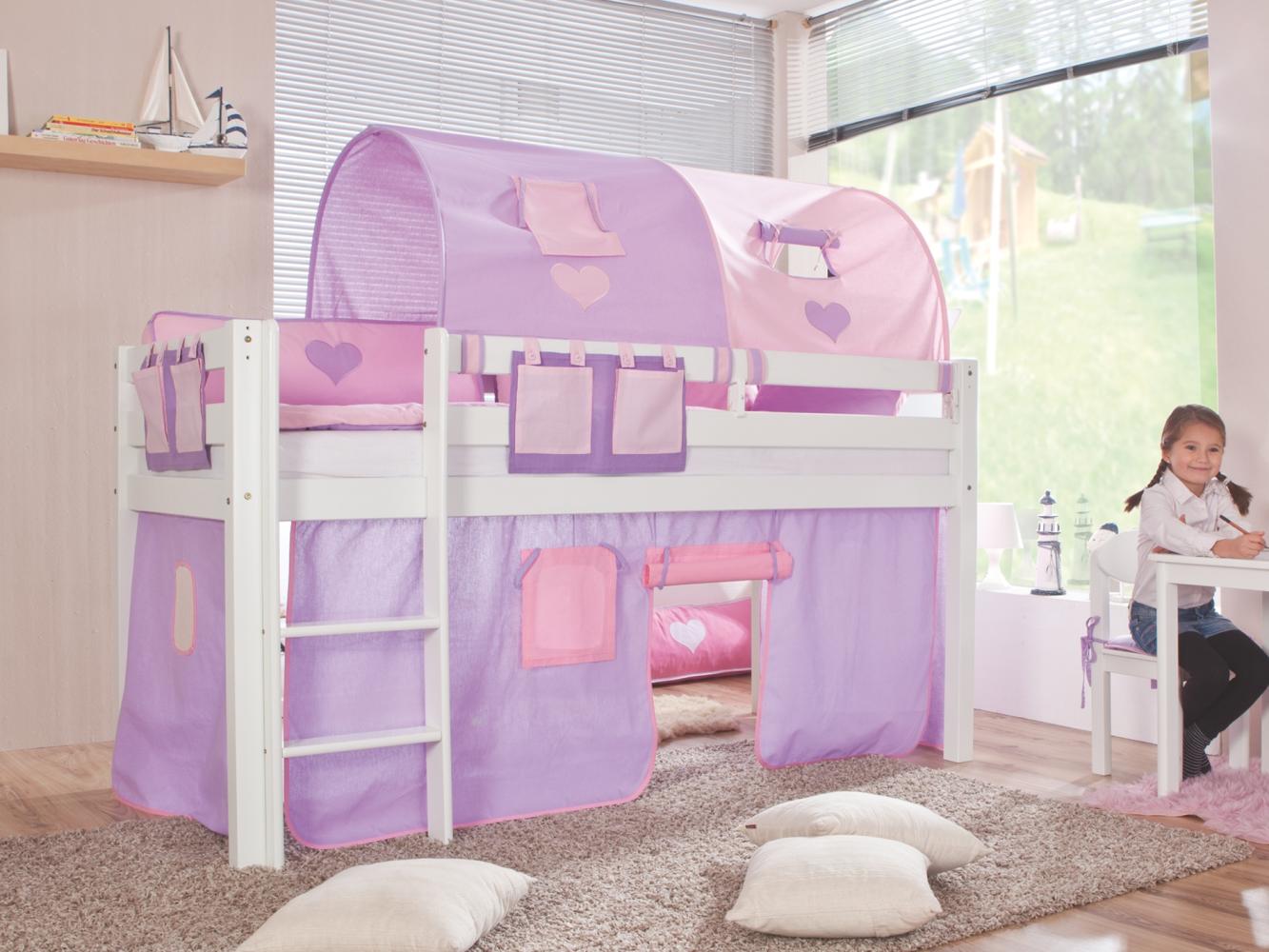 Relita Halbhohes Spielbett ALEX Buche massiv weiß lackiert mit Stoffset purple/rosa/herz Bild 1
