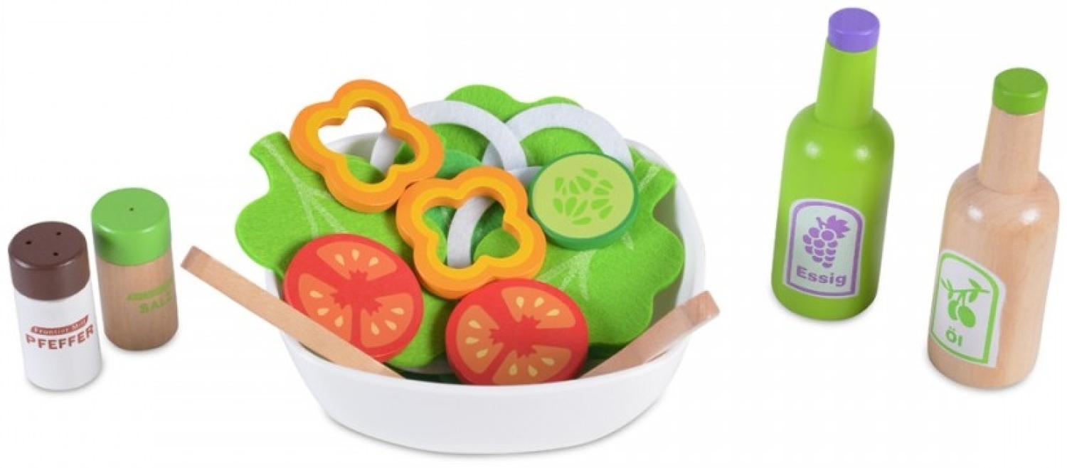 Moni Spielzeug Salat-Set 4303 aus Holz Schüssel Salat Gemüse Salatbesteck Essig grün Bild 1