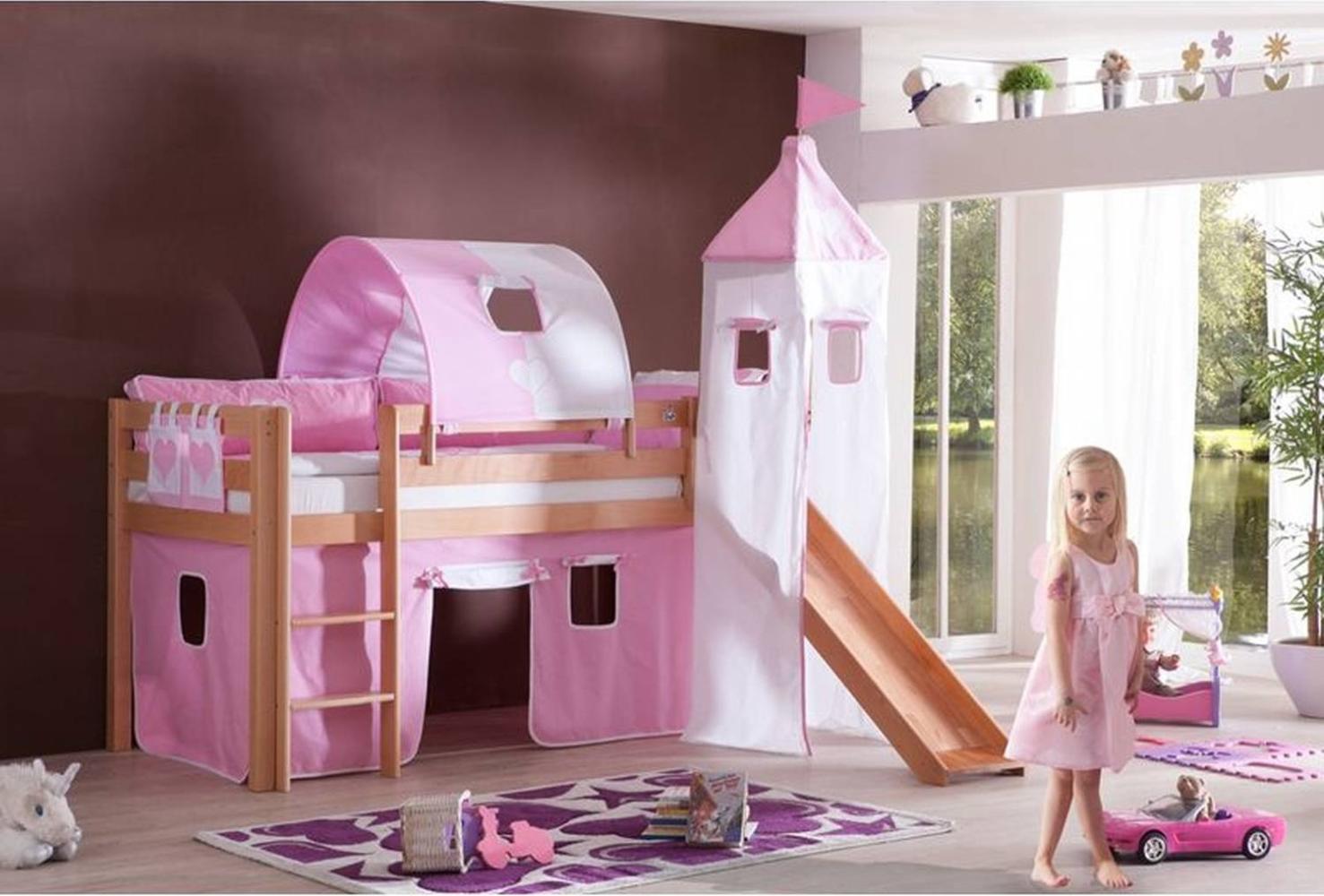 Relita Halbhohes Spielbett ALEX-13 mit Rutsche/Turm/Tunnel Buche massiv natur lackiert mit Stoffset rosa/weiß herz Bild 1