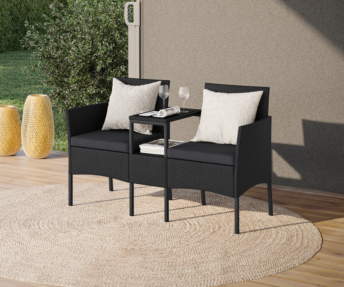 STEELSØN 'Velara' Gartenbank 2er-Sitzer mit Tisch, schwarz/anthrazit, aus Polyrattan Bild 1