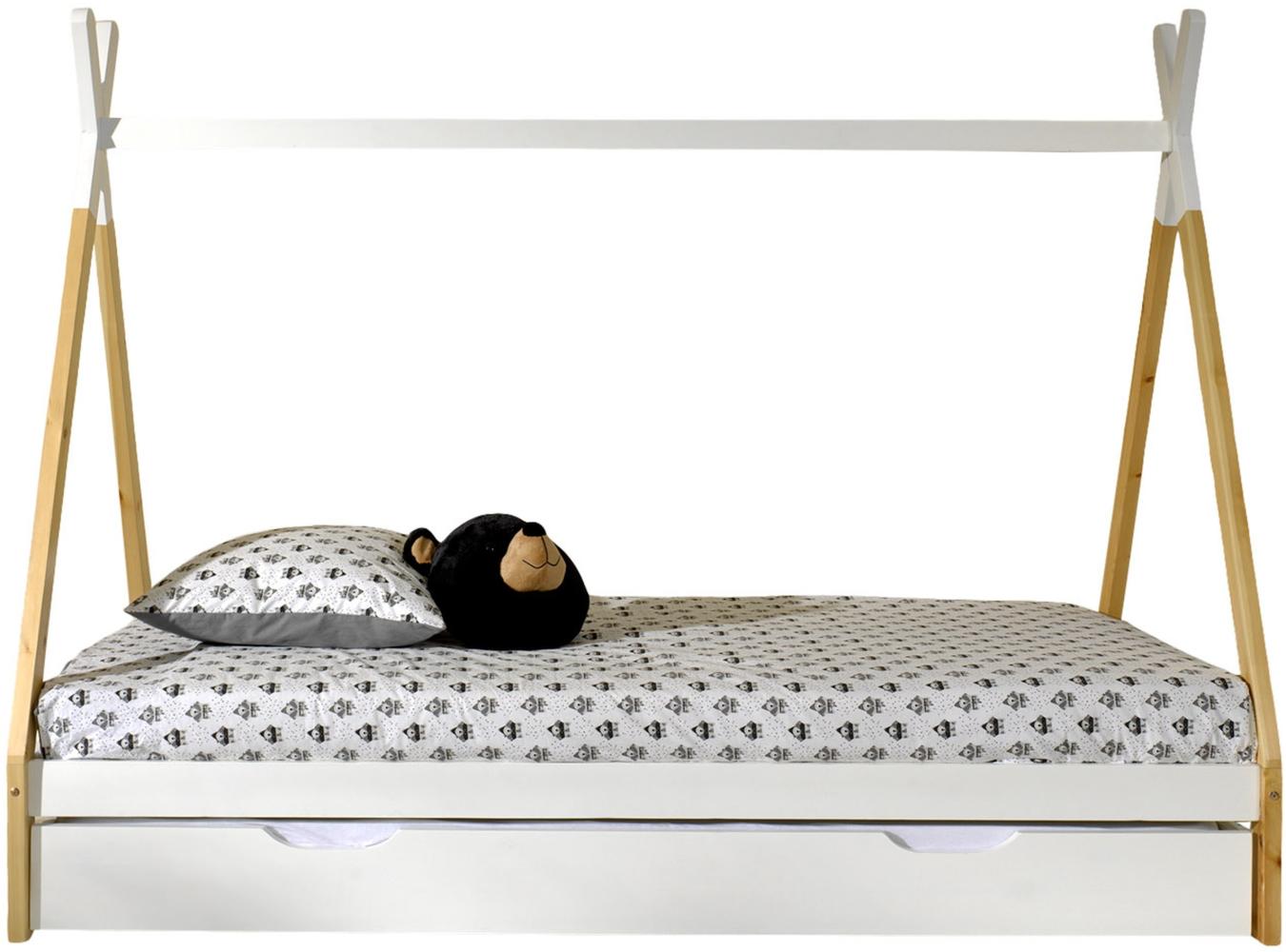 Tipi Zelt Bett Liegefläche 90 x 200 cm, inkl. Rolllattenrost und Bettschublade (Weiß), Ausf. Kiefer massiv natur/weiß Bild 1