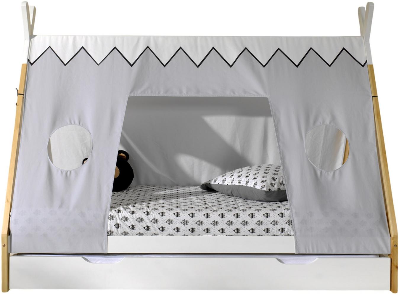 Tipi Zelt Bett Liegefläche 90 x 200 cm, inkl. Rolllattenrost, Bettschublade und Textilzeltdach, Ausf. Kiefer massiv natur/weiß Bild 1