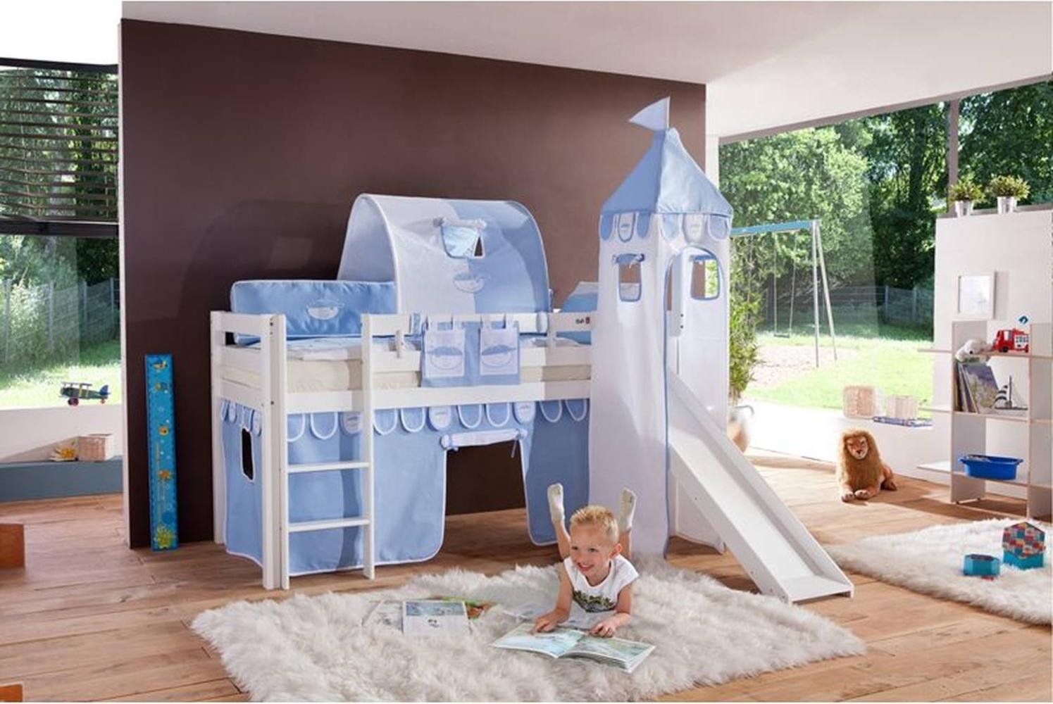 Relita Halbhohes Spielbett ALEX-13 mit Rutsche/Turm/Tunnel Buche massiv weiß lackiert mit Stoffset blau/boy Bild 1