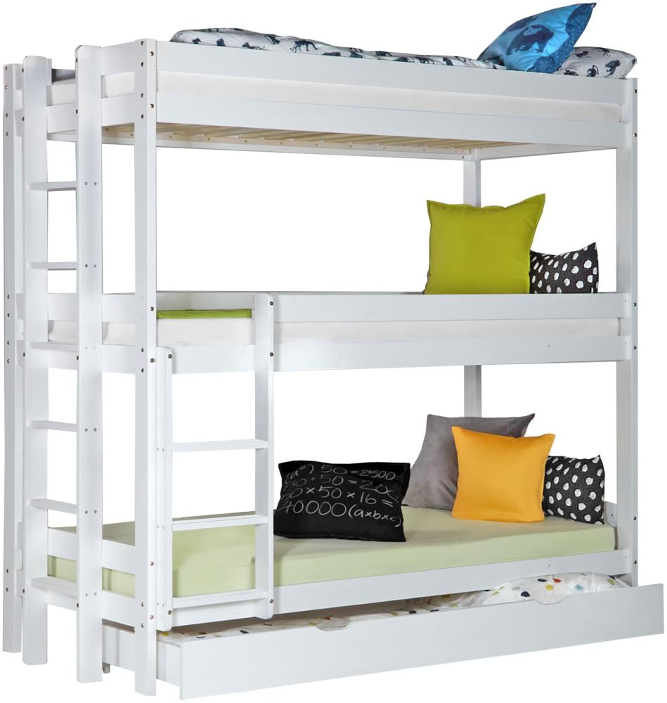'Homestyle4u' Kinderbett Etagenbett mit 3 Liegeflächen, 90x200 cm, Dreifachbett Hochbett mit Bettkasten, Weiß Bild 1