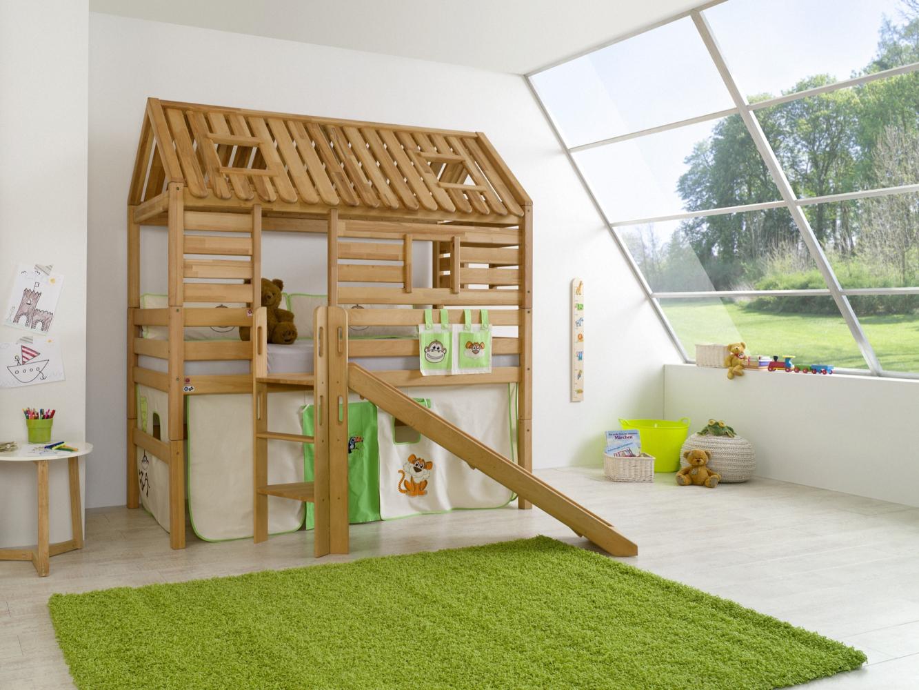 Spielbett Tom´s Hütte und Bett Eliyas mit Rutsche und Textilset, Buche massiv geölt Bild 1