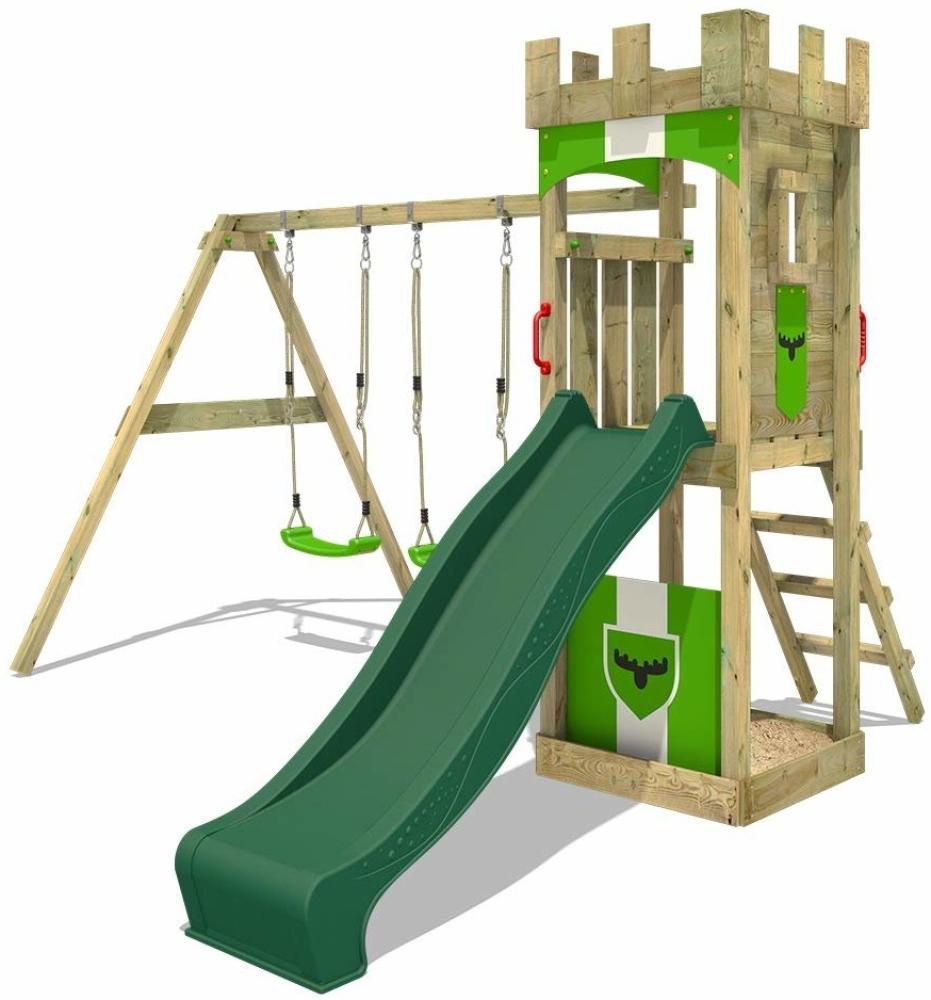 FATMOOSE Spielturm Klettergerüst TreasureTower mit Schaukel und grüner Rutsche, Kletterturm mit Sandkasten, Leiter und Spiel-Zubehör Bild 1
