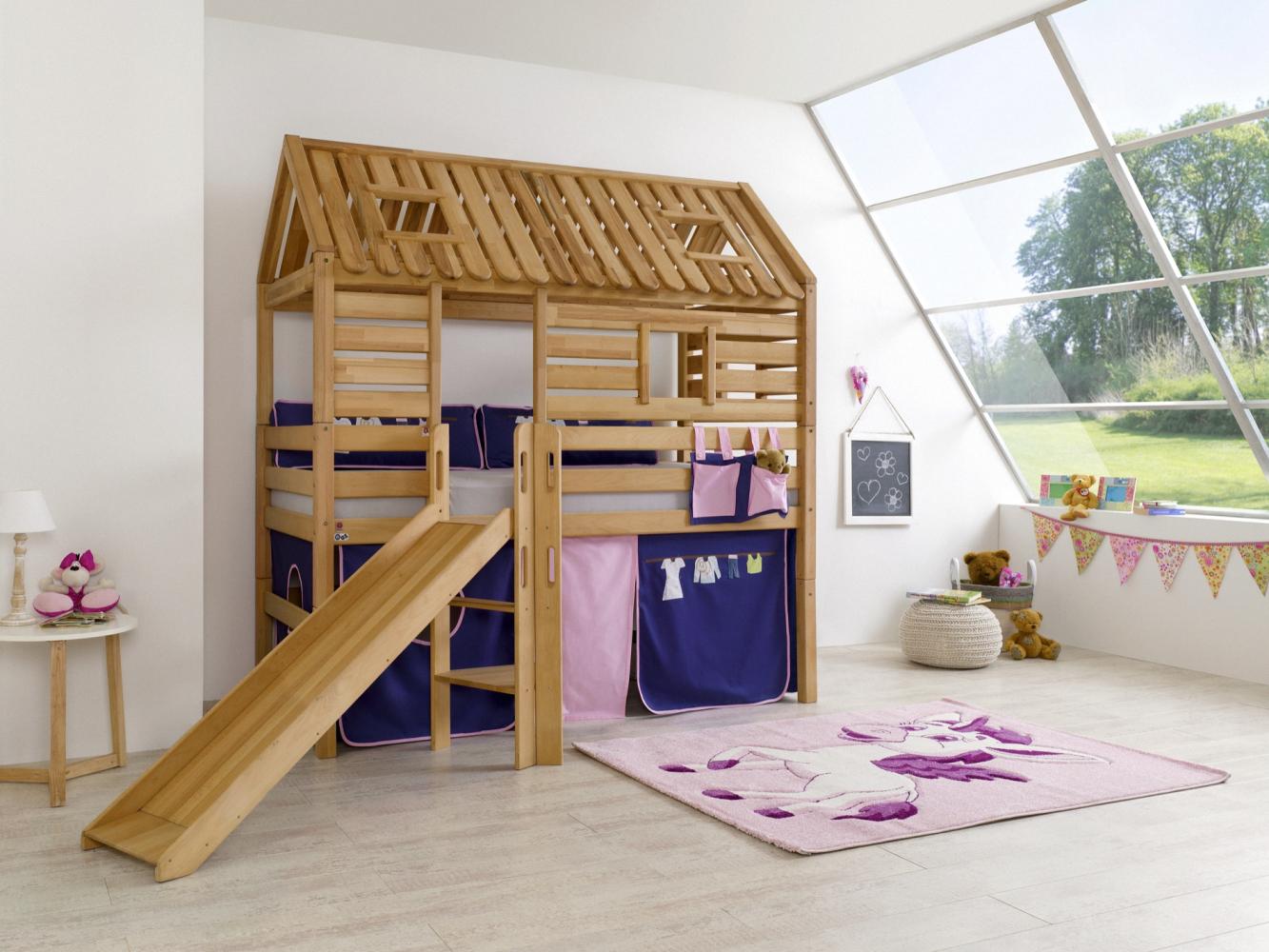 Relita Tom´s Hütte Spielbett mit Rutsche Buche massiv geölt, inkl. Textilset rosa-violett Bild 1