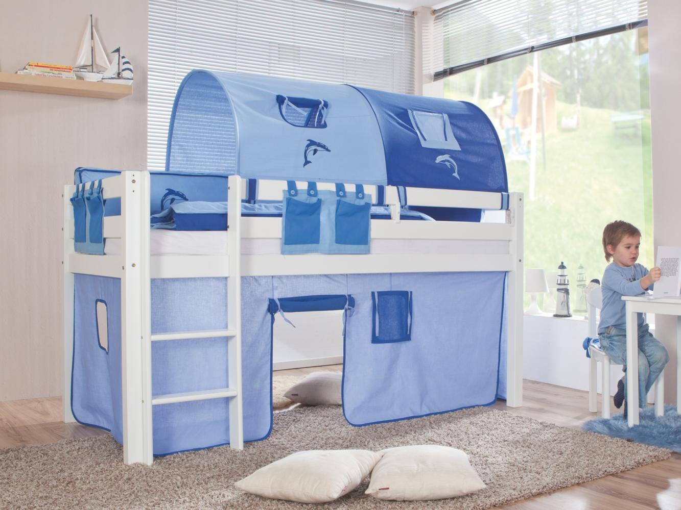 Relita Halbhohes Spielbett ALEX Buche massiv weiß lackiert mit Stoffset blau/delfin Bild 1