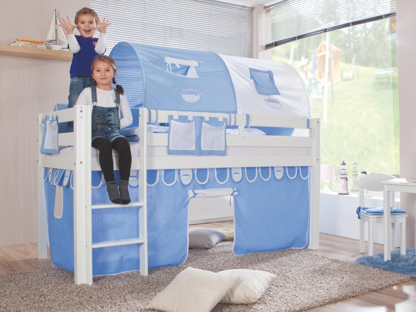 Relita Halbhohes Spielbett ALEX Buche massiv weiß lackiert mit Stoffset blau/boy Bild 1
