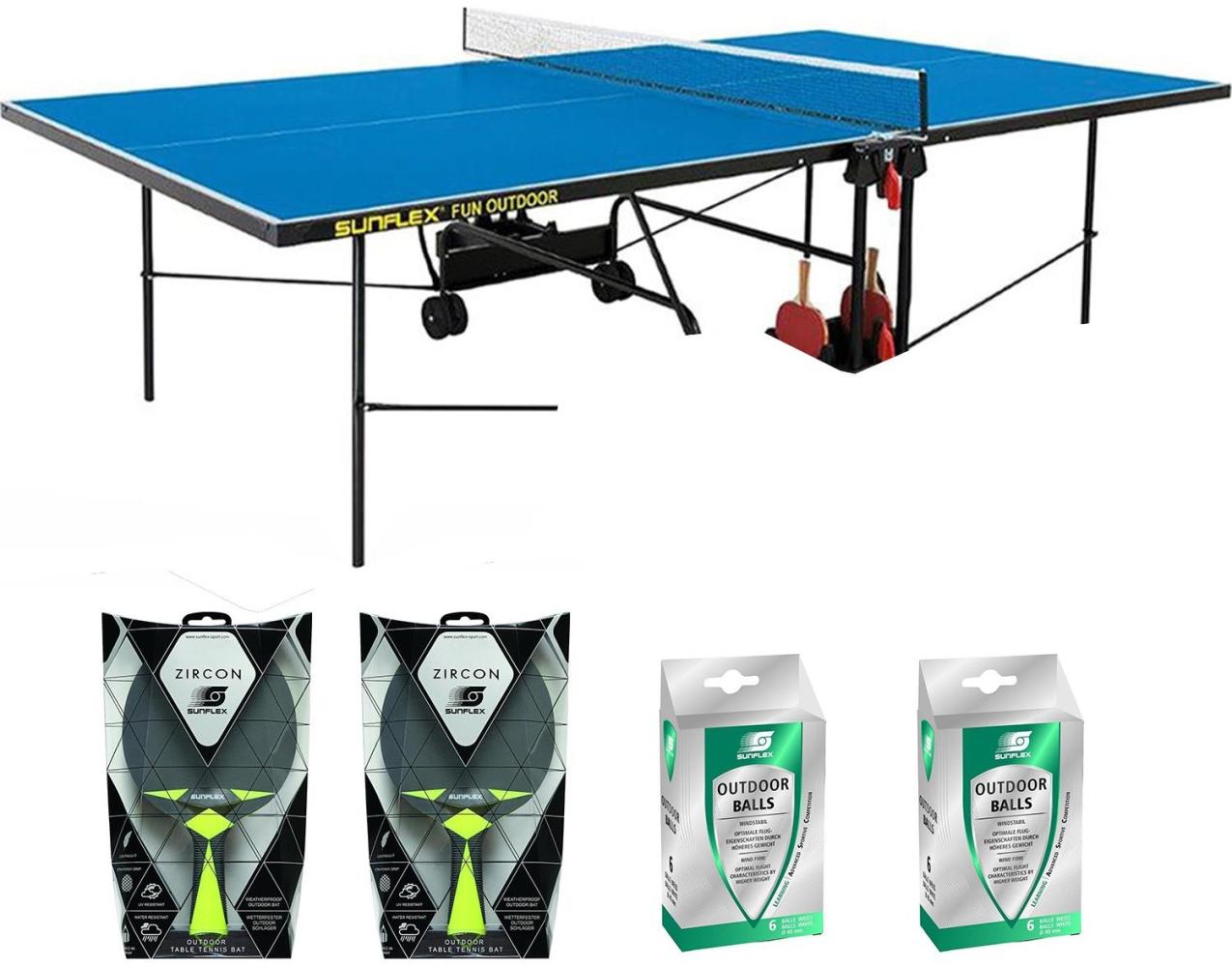 Sunflex Tischtennisplatte Outdoor blau + Netz + Tischtennisschläger + Tischtennisbälle Bild 1