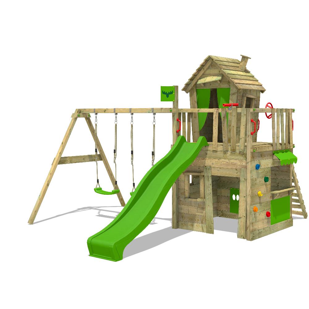 FATMOOSE Spielturm Klettergerüst CrazyCat mit Schaukel & apfelgrüner Rutsche, Spielhaus mit Leiter & Spiel-Zubehör Bild 1
