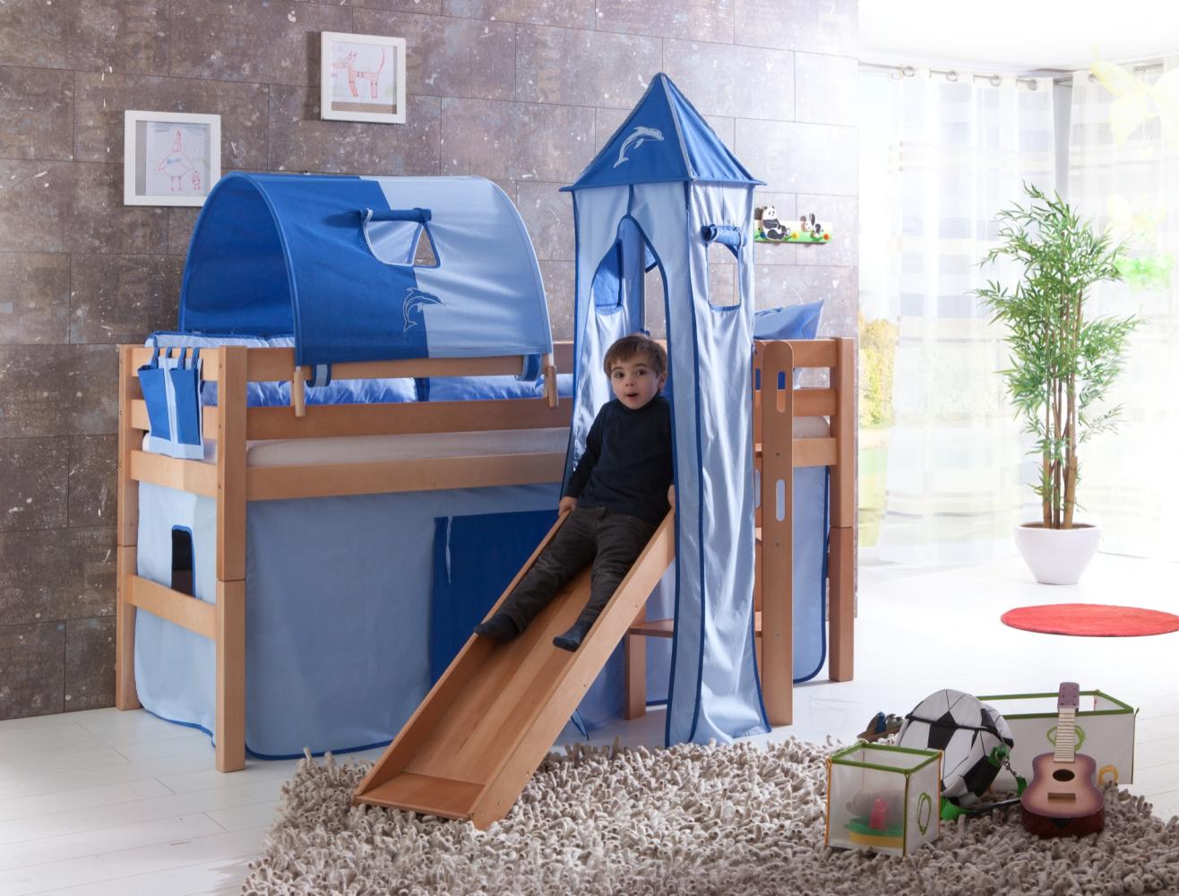 Spielbett Eliyas mit Rutsche und Textilset Vorhang, 1-er Tunnel, Turm und Tasche Bild 1