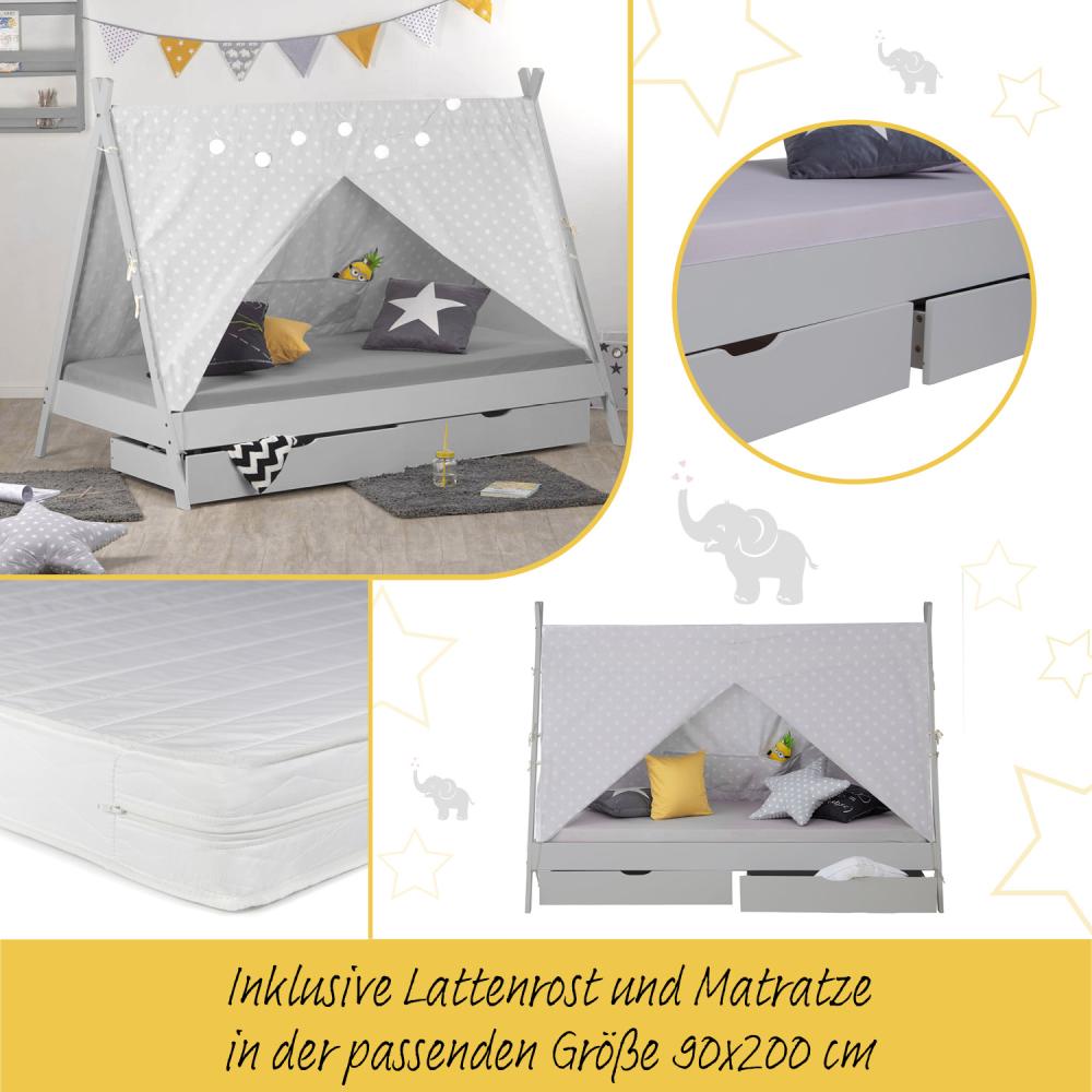 Kinderbett mit Matratze TIPI 90x200 mit 2 Bettkästen grau Holzbett Indianer Bett Hausbett Spielbett Bild 1