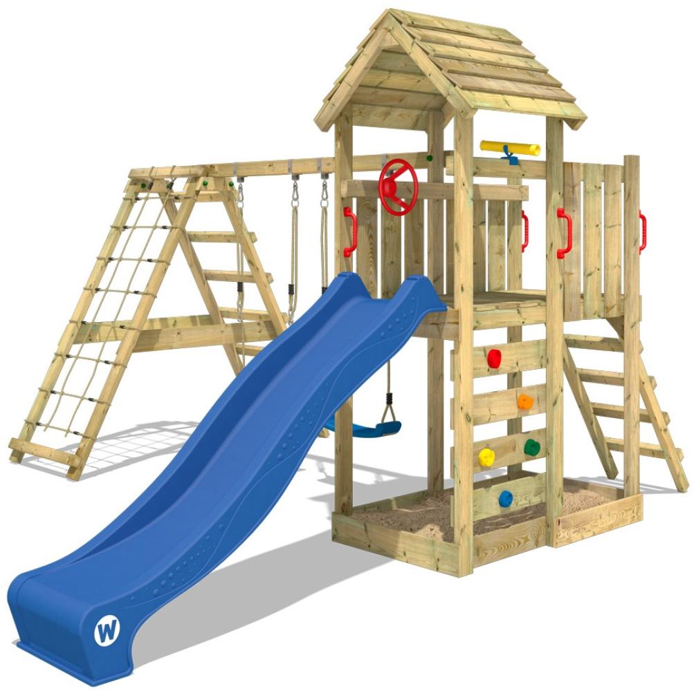 WICKEY Spielturm Klettergerüst RocketFlyer mit Schaukel & blauer Rutsche, Kletterturm mit Sandkasten, Leiter & Spiel-Zubehör Bild 1