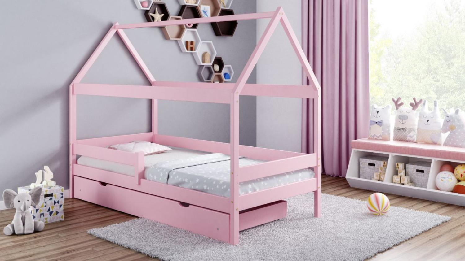 Kinderbettenwelt 'Home Plus' Hausbett 80x160 cm, rosa, Kiefer massiv, mit Schublade und Matratze Bild 1