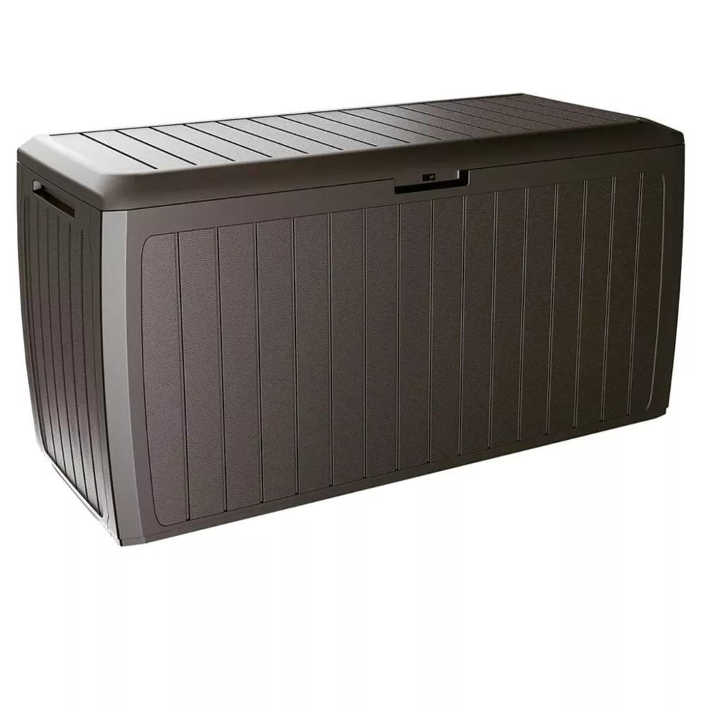 DEUBA Auflagenbox Kunststoff Truhe Box Kissenbox Deckel bis zu 100kg belastbar Gerätetruhe Kiste Gartentruhe Board PLUS braun Bild 1
