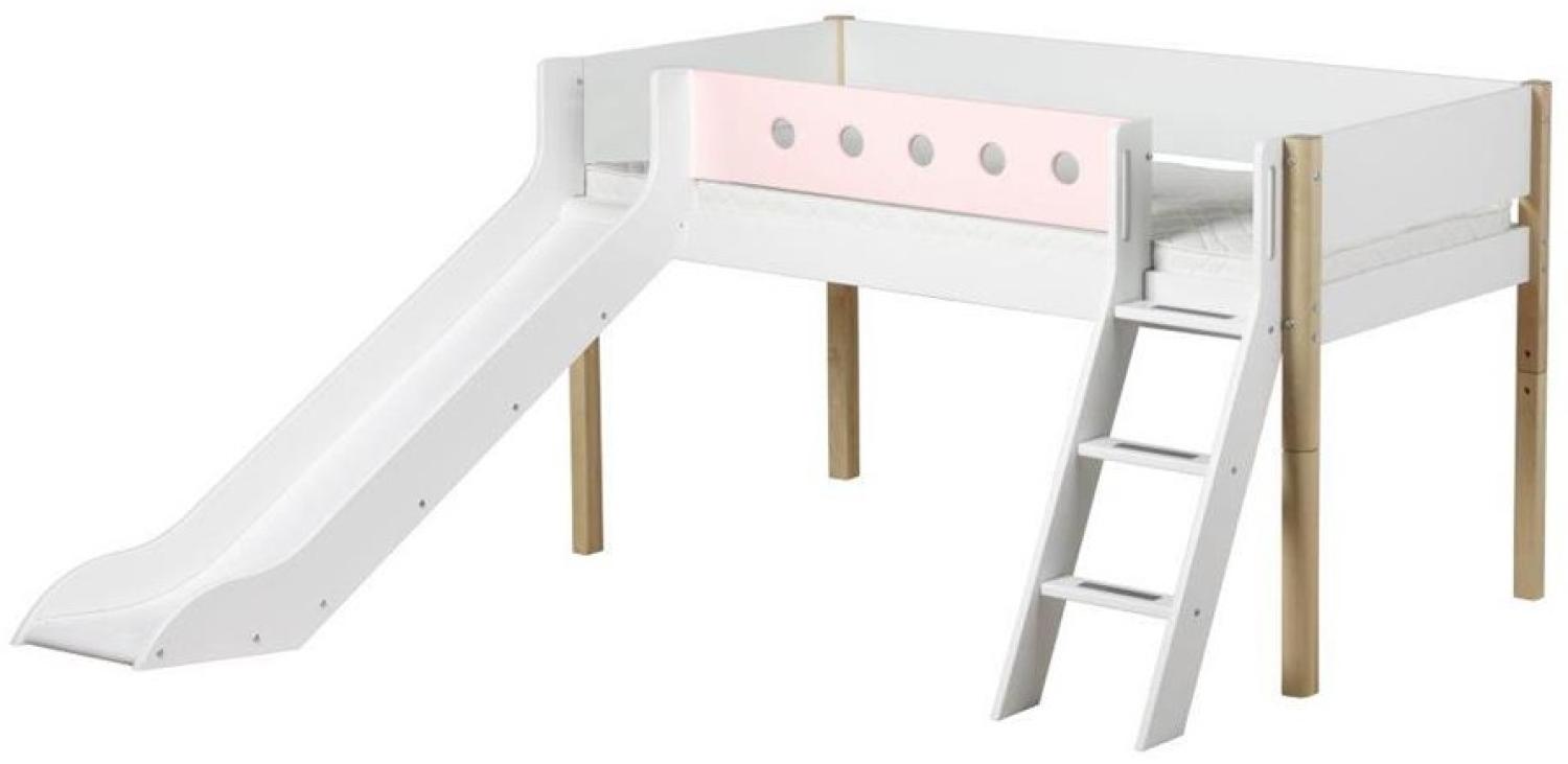 Flexa 'White' Halbhochbett mit Rutsche, weiß/natur/rosa, schräge Leiter, 90x200cm Bild 1