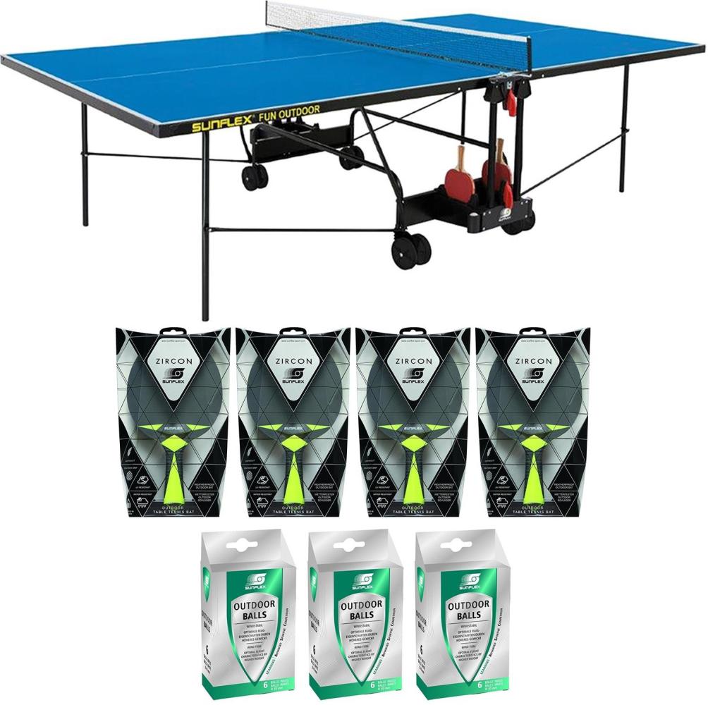 Sunflex Tischtennisplatte Outdoor blau + Netz + Tischtennisschläger + Tischtennisbälle Bild 1