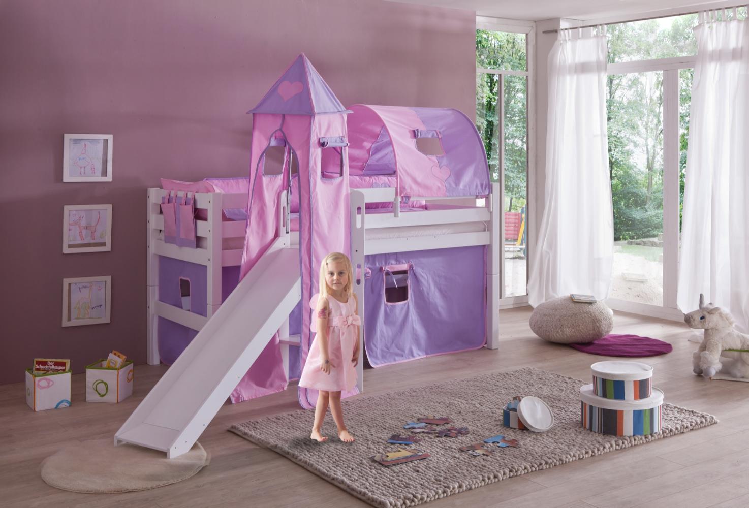 Reltia Spielbett 'Eliyas' mit Rutsche und Textilset Vorhang, 1-er Tunnel, Turm und Tasche purple/rosa/Herz Bild 1