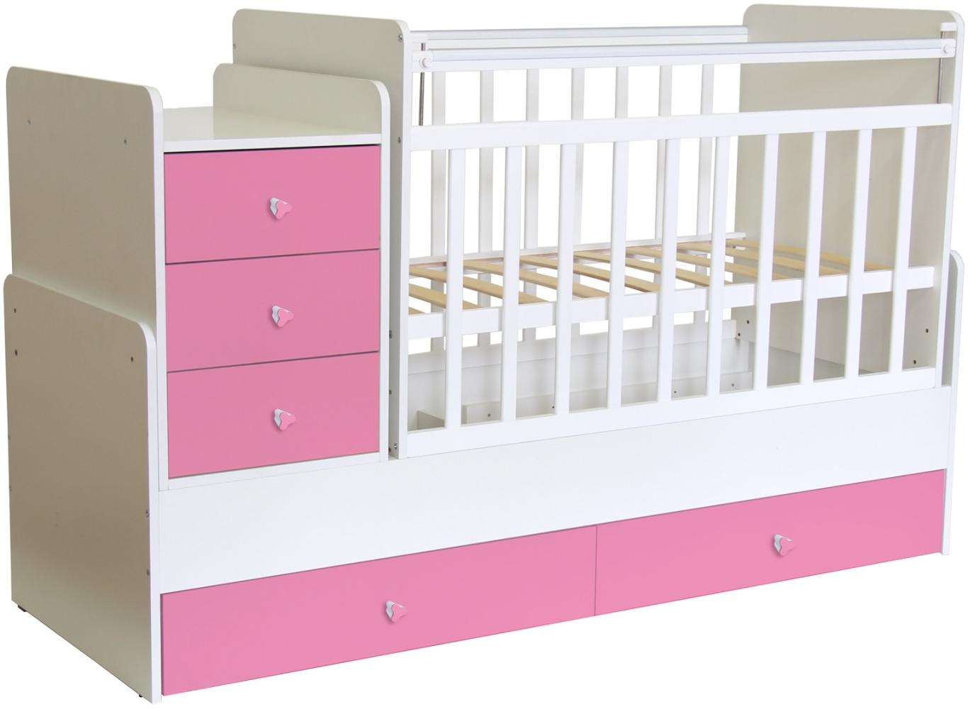 Polini Kids 'Simple 1100' Kombi-Kinderbett 60 x 120/170 cm, weiß/rosa, höhenverstellbar, mit Schaukelfunktion, inkl. Kommode Bild 1