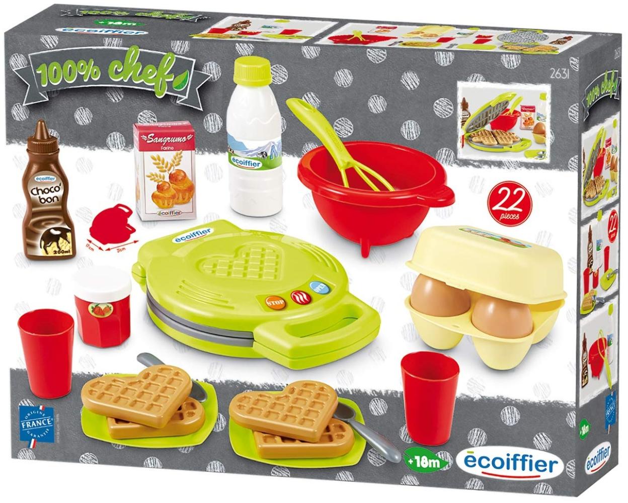 Ecoiffier – Waffeleisen für Kinder – 22-teiliges Backset mit Spiellebensmitteln, ideales Zubehör für Spielküchen, Spielwaffeleisen, für Kinder ab 18 Monaten Bild 1