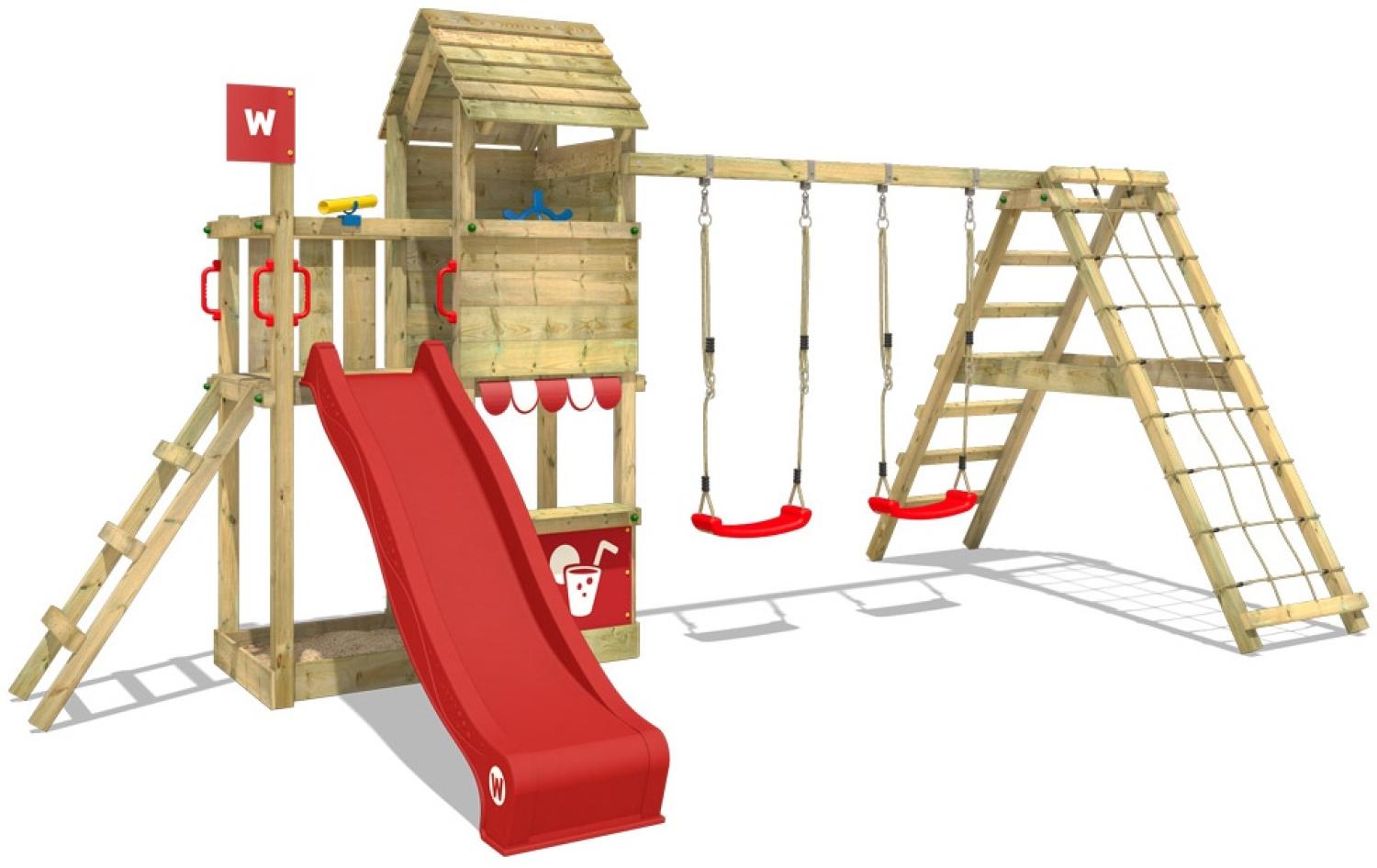 WICKEY Spielturm Klettergerüst Smart Port mit Schaukel & roter Rutsche, Kletterturm mit Sandkasten, Leiter & Spiel-Zubehör Bild 1