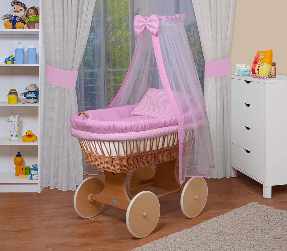 WALDIN Baby Stubenwagen-Set mit Ausstattung, Gestell/Räder natur, Ausstattung rosa kariert Bild 1
