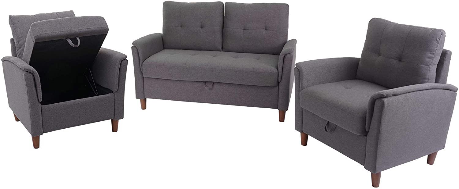 2-1-1 Couchgarnitur HWC-H23, 2er Sofa Sofagarnitur Loungesessel Relaxsessel, Gastronomie Staufach ~ Stoff/Textil, grau Bild 1