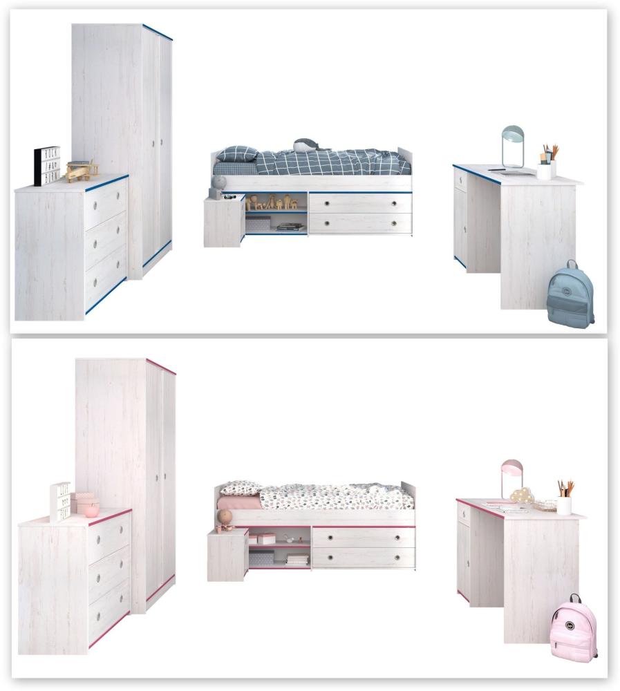 Kinderzimmer Smoozy 36 Parisot 5-tlg Bett + Nachtkommode + Schreibtisch + Kleiderschrank + Kommode weiß Bild 1