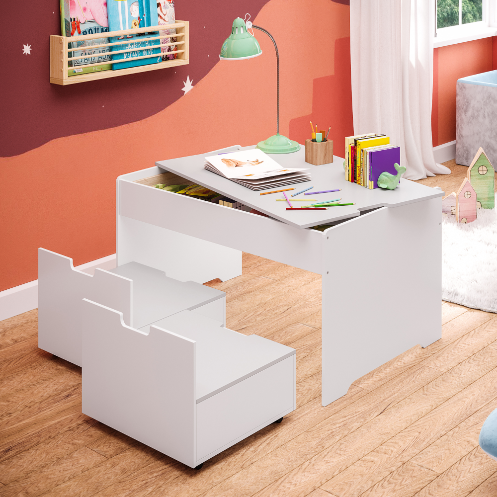 Bellabino 'Dadu' Spieltisch mit Aufbewahrungsfach, weiß/grau, inkl. 2 Aufbewahrungsboxen / Sitzhocker Bild 1