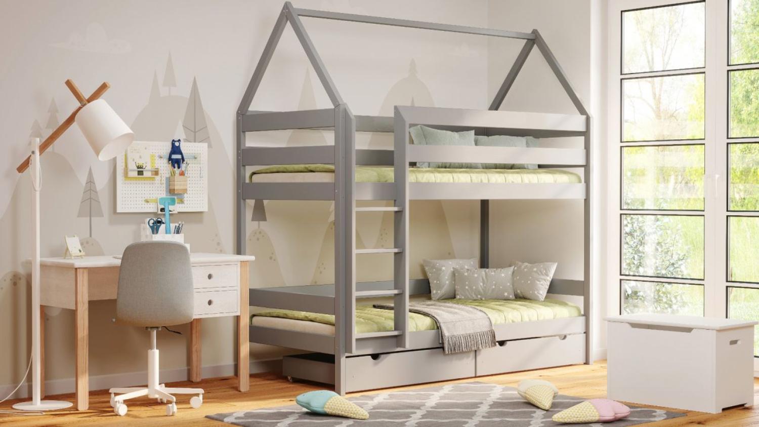 Kinderbettenwelt 'Home' Etagenbett 90x190 cm, grau, Kiefer massiv, mit Lattenrosten und zwei Schubladen Bild 1