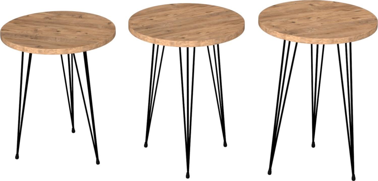 [en. casa] Beistelltisch-Set Ry Satztisch 3er Set Holzfarben Schwarz Abstelltisch mit runder Tischplatte Hairpinlegs aus Metall Wohnzimmertisch Bild 1
