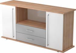 bümö® Sideboard mit Türen, Schubladen und Relinggriffen in Nussbaum/Weiß