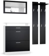 Vladon Garderobe Loret mini, Garderobenset bestehend aus 1 Schuhschrank, 1 Wandspiegel und 2 Garderobenpaneele, Weiß matt/Schwarz matt