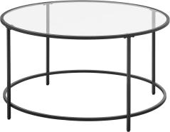 VASAGLE Couchtisch, Beistelltisch rund, Glastisch mit Metallgestell, Hartglas, Nachttisch, Sofatisch, für Balkon, schwarz