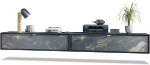 2er-Set TV Board Lana 120, Lowboards je 120 x 29 x 37 cm mit viel Stauraum, Korpus in Schwarz matt, Fronten in Marmor Graphit