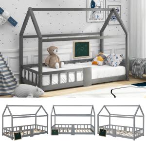 Merax Kinderbett Hausbett 90 x 200 cmHolzbett für Kinderzimmer inkl. Tafel Lattenrosten Rausfallschutz, aus Kiefernholz Grau (ohne Matratze)