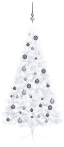 vidaXL Künstlicher Halber Weihnachtsbaum mit LEDs & Kugeln Weiß 150 cm, Mit Beleuchtung [3077655]
