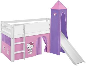 Lilokids 'Jelle' Spielbett 90 x 200 cm, Hello Kitty Lila, Kiefer massiv, mit Turm, Rutsche und Vorhang