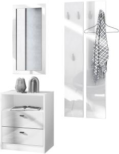Vladon Garderobe Pino V1, Garderobenset bestehend aus 1 Kommode, 1 Wandspiegel und 2 Garderobenpaneele, Weiß matt/Weiß Hochglanz (ca. 130 x 185 x 36 cm)