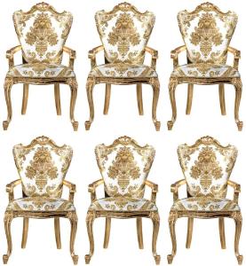 Casa Padrino Luxus Barock Esszimmerstuhl Set Weiß / Gold - 6 handgefertigte Küchen Stühle mit Armlehnen und elegantem Muster - Barock Esszimmer Möbel - Edel & Prunkvoll