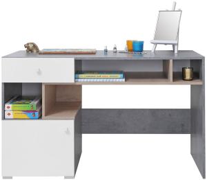 Schreibtisch Nonnus 10, Farbe: Beton / Weiß + Eiche, 125x76x55cm