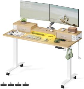 VASAGLE Höhenverstellbarer Schreibtisch elektrisch, 60 x 140 x (72-120) cm, stufenlos verstellbar, mit Monitorständer, Haken, Memory-Funktion, strohgelb von Songmcis