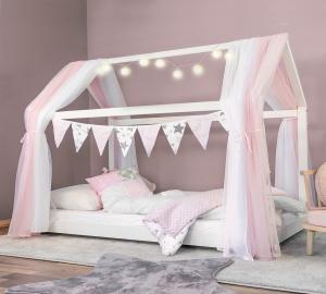 Hausbett HOLMI 90x200 cm weiß mit Matratze und Deko-Set rosa